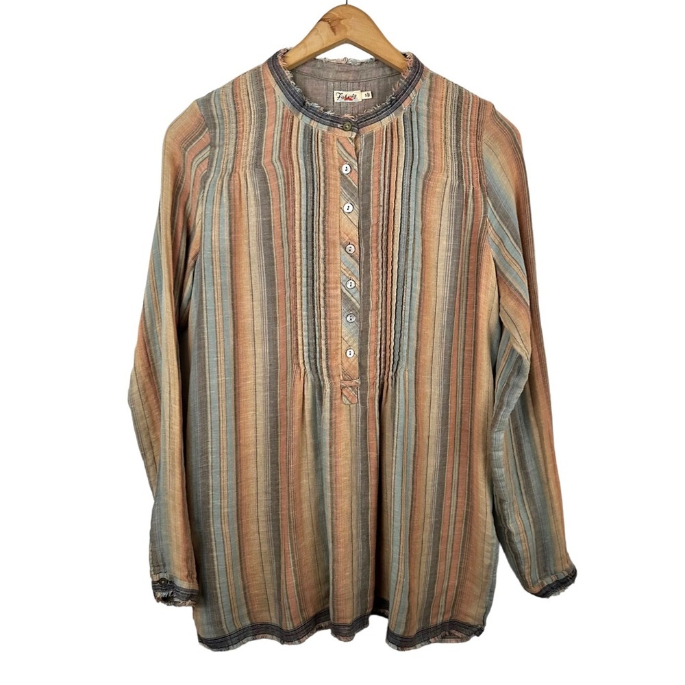 FAHERTY Evening Playa Pintuck Striped Linen Blend Top